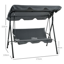 Puutarhakeinu 3 hengen, teräsrunko, säädettävä katos, 172 x 110 x 153 cm, harmaa