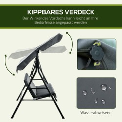 Puutarhakeinu 3 hengen, teräsrunko, säädettävä katos, 172 x 110 x 153 cm, harmaa