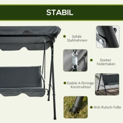 Puutarhakeinu 3 hengen, teräsrunko, säädettävä katos, 172 x 110 x 153 cm, harmaa