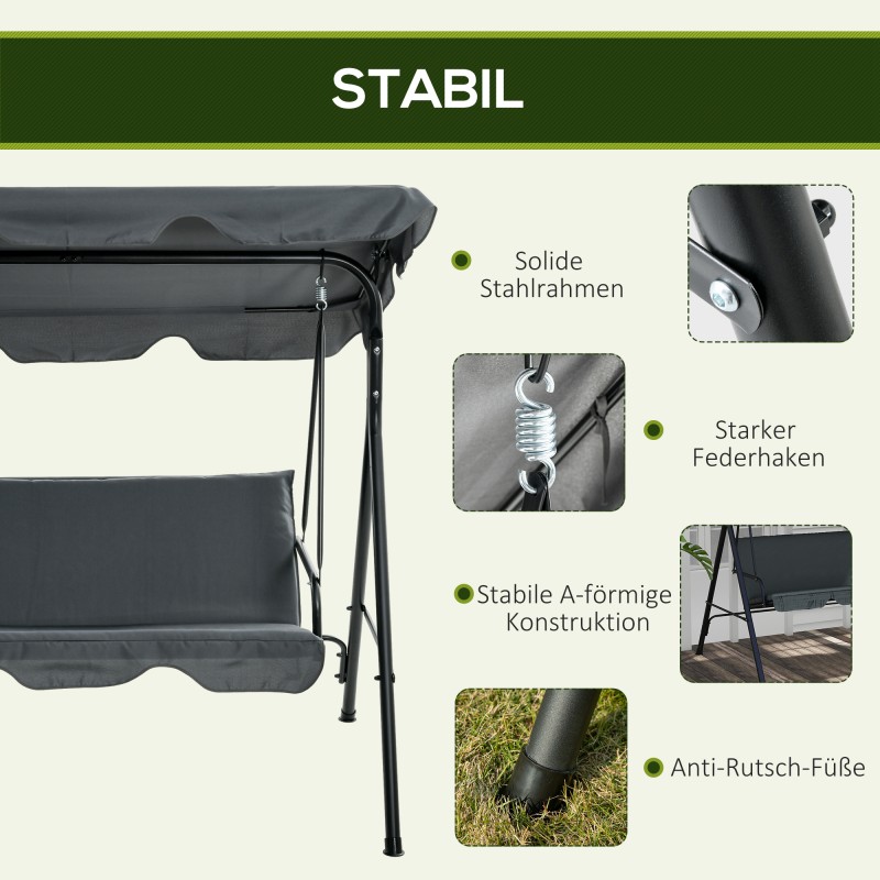 Puutarhakeinu 3 hengen, teräsrunko, säädettävä katos, 172 x 110 x 153 cm, harmaa