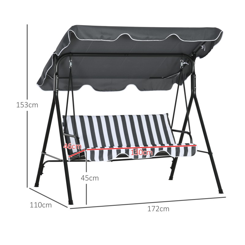 Puutarhakeinu 3 henkilölle teräsrunko 172 x 110 x 153 cm harmaa/valkoinen