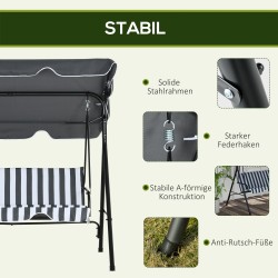 Puutarhakeinu 3 henkilölle teräsrunko 172 x 110 x 153 cm harmaa/valkoinen