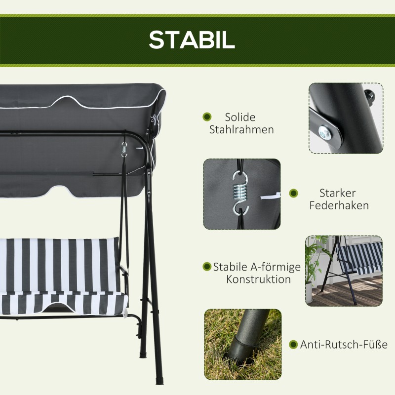 Puutarhakeinu 3 henkilölle teräsrunko 172 x 110 x 153 cm harmaa/valkoinen