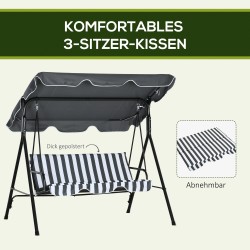 Puutarhakeinu 3 henkilölle teräsrunko 172 x 110 x 153 cm harmaa/valkoinen