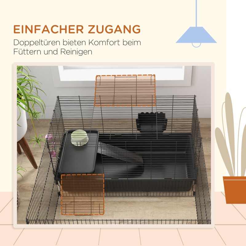 Pieneläinhäkki irrotettavalla aitauksella, teräsrunko, 112,5 x 99 x 54 cm, musta