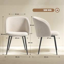 Ruokapöydän tuolit 2 kpl, pehmustetut kangastuolit teräsjaloilla, kaareva selkänoja, cremevalkoinen + musta