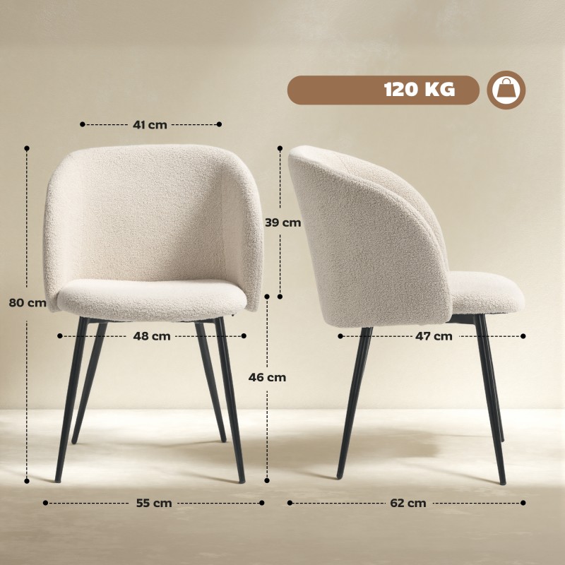 Ruokapöydän tuolit 2 kpl, pehmustetut kangastuolit teräsjaloilla, kaareva selkänoja, cremevalkoinen + musta