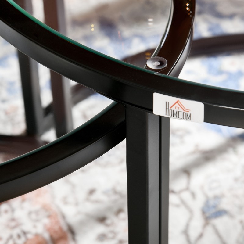 Sohvapöytäsarja 2 kpl, pyöreät lasiset sivupöydät, teräsrunko, Ø70/54 cm, musta ja läpinäkyvä