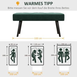 Säilytyksetön samettipintainen penkki makuuhuoneeseen 100 x 36 x 45 cm vihreä