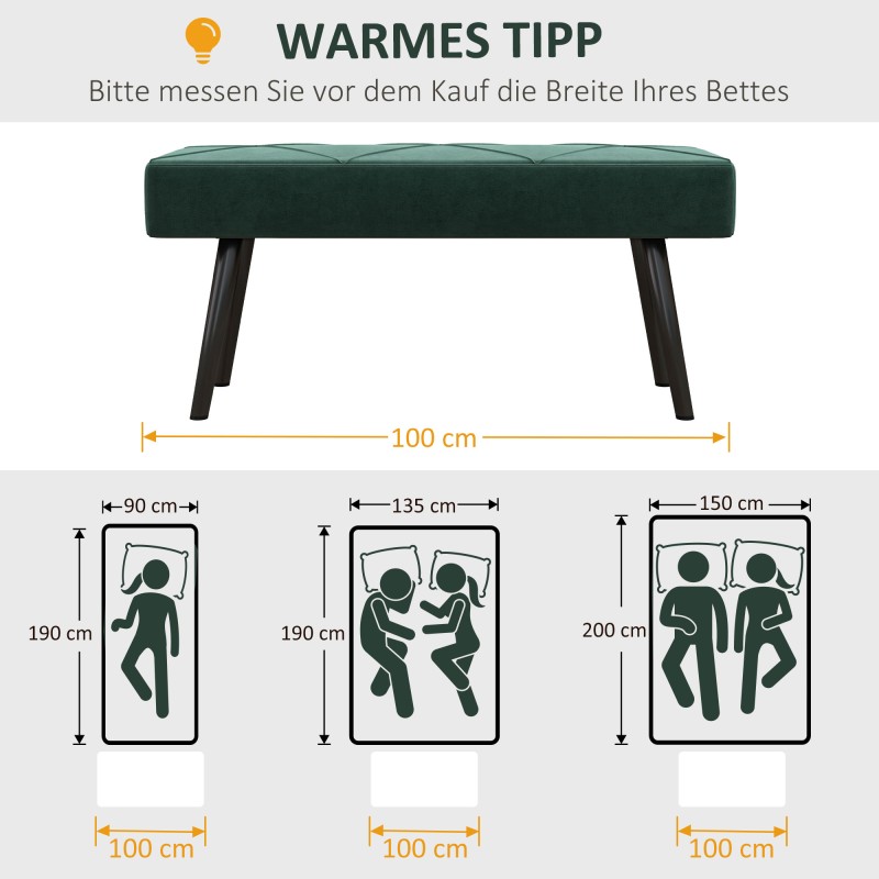 Säilytyksetön samettipintainen penkki makuuhuoneeseen 100 x 36 x 45 cm vihreä