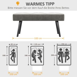Sängynpäätypenkki / istuinpenkki samettipintainen, teräsjalat, 100 x 36 x 45 cm, harmaa