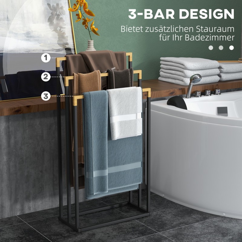 Pyyheteline kylpyhuoneeseen, 3 tasoa, teräs ja bambu, 45 x 22,5 x 86 cm, musta / luonnonväri