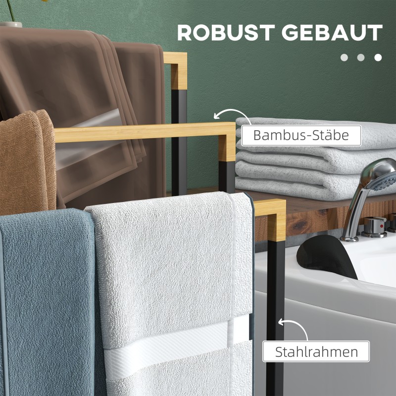 Pyyheteline kylpyhuoneeseen, 3 tasoa, teräs ja bambu, 45 x 22,5 x 86 cm, musta / luonnonväri