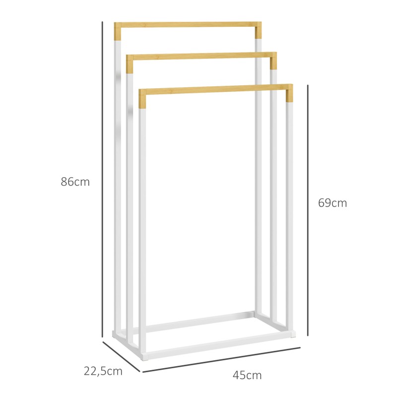 Pyyheteline kylpyhuoneeseen, 3 porrastettua bambutankoa, teräsrunko, 45 x 22,5 x 86 cm, valkoinen/luonnonväri