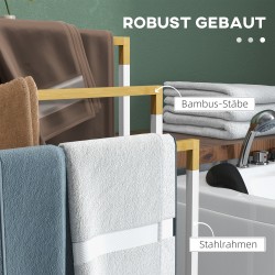 Pyyheteline kylpyhuoneeseen, 3 porrastettua bambutankoa, teräsrunko, 45 x 22,5 x 86 cm, valkoinen/luonnonväri