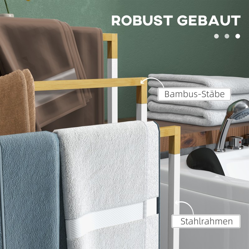 Pyyheteline kylpyhuoneeseen, 3 porrastettua bambutankoa, teräsrunko, 45 x 22,5 x 86 cm, valkoinen/luonnonväri