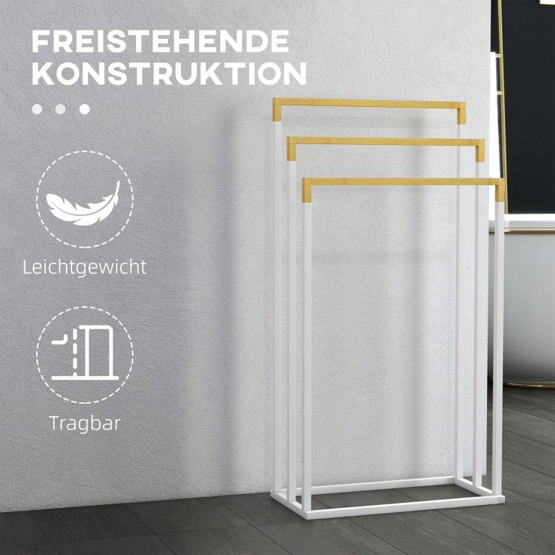 Pyyheteline kylpyhuoneeseen, 3 porrastettua bambutankoa, teräsrunko, 45 x 22,5 x 86 cm, valkoinen/luonnonväri