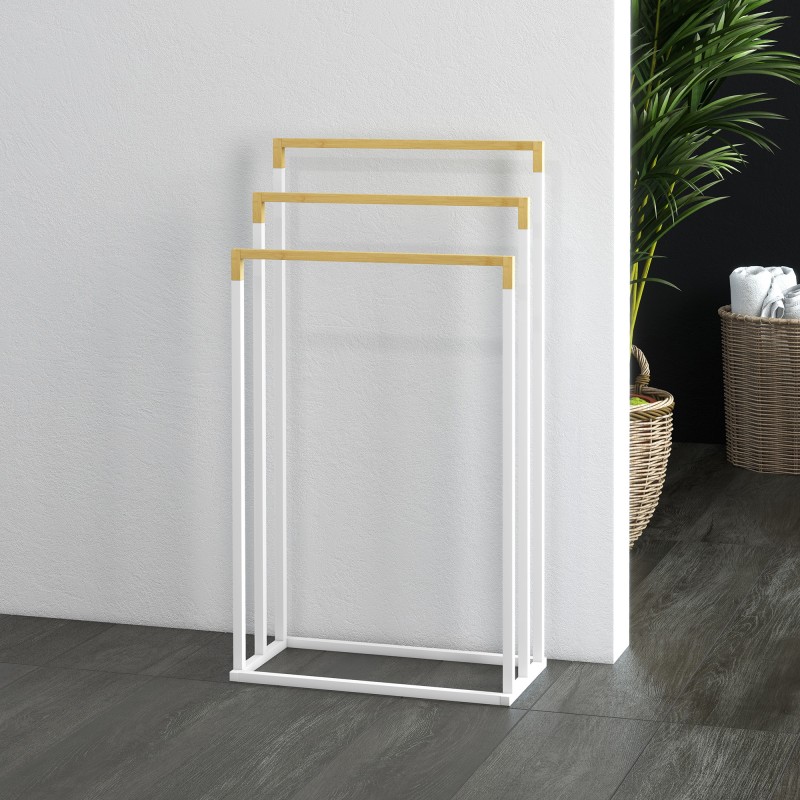 Pyyheteline kylpyhuoneeseen, 3 porrastettua bambutankoa, teräsrunko, 45 x 22,5 x 86 cm, valkoinen/luonnonväri