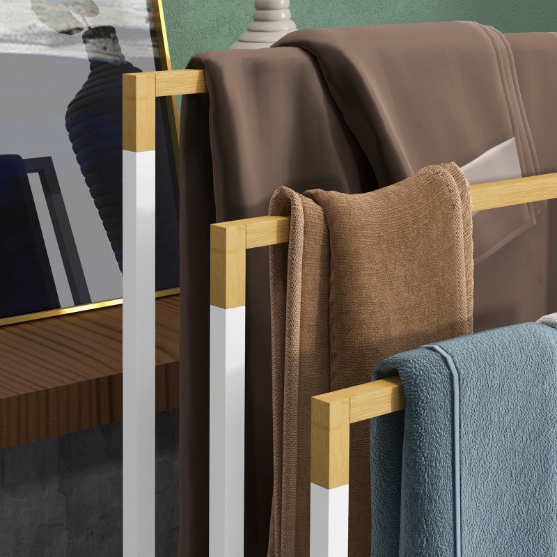 Pyyheteline kylpyhuoneeseen, 3 porrastettua bambutankoa, teräsrunko, 45 x 22,5 x 86 cm, valkoinen/luonnonväri