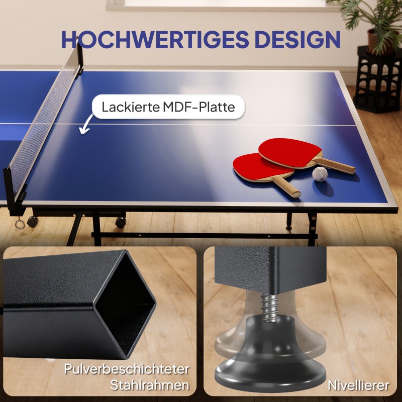 Pöytätennispöytä sisäkäyttöön, kokoontaitettava ja pyörillä, MDF/teräs 274x152,5x76 cm, sininen, 2 mailaa ja 3 palloa