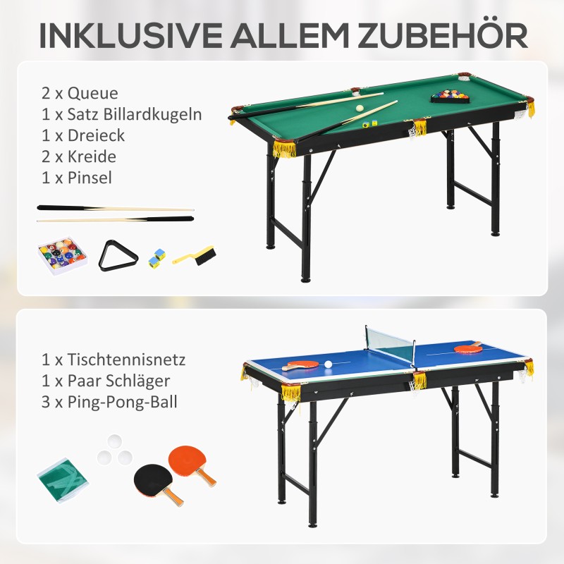 2-in-1 biljardi- ja pöytätennispöytä aikuisille, MDF, 140 x 63 x 60–80 cm, sininen/vihreä/musta, tarvikkeilla
