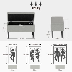 Säilytysrahi puujaloin, samettimainen verhoilu, 95 x 38 x 45 cm, 120 kg, harmaa