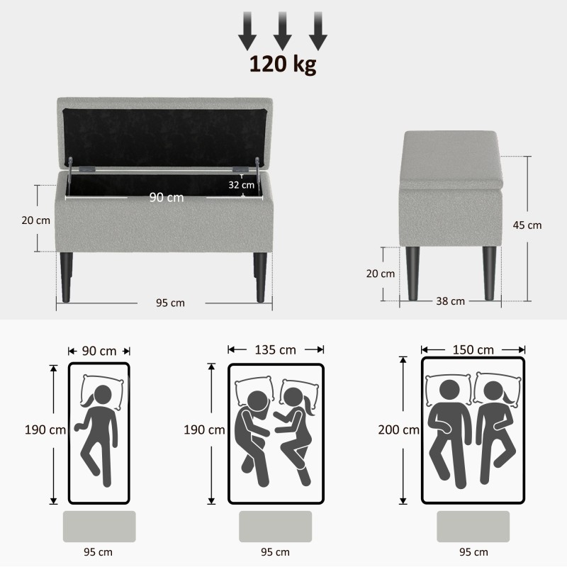 Säilytysrahi puujaloin, samettimainen verhoilu, 95 x 38 x 45 cm, 120 kg, harmaa