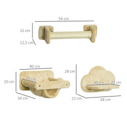 Seinään kiinnitettävä kissatasosetti, 5 osaa, 2 raapimapylvästä, 2 tasoa ja riippumatto, beige