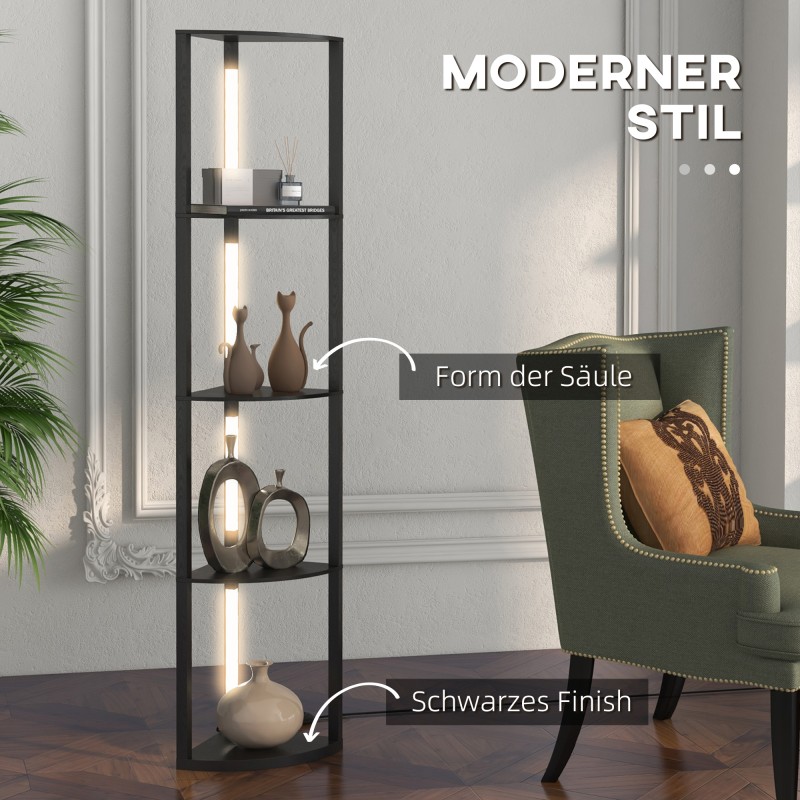 LED lattiavalaisin kulmahyllyllä, 4 hyllyä, lämmin valkoinen valo, MDF, 41x30x164 cm, musta