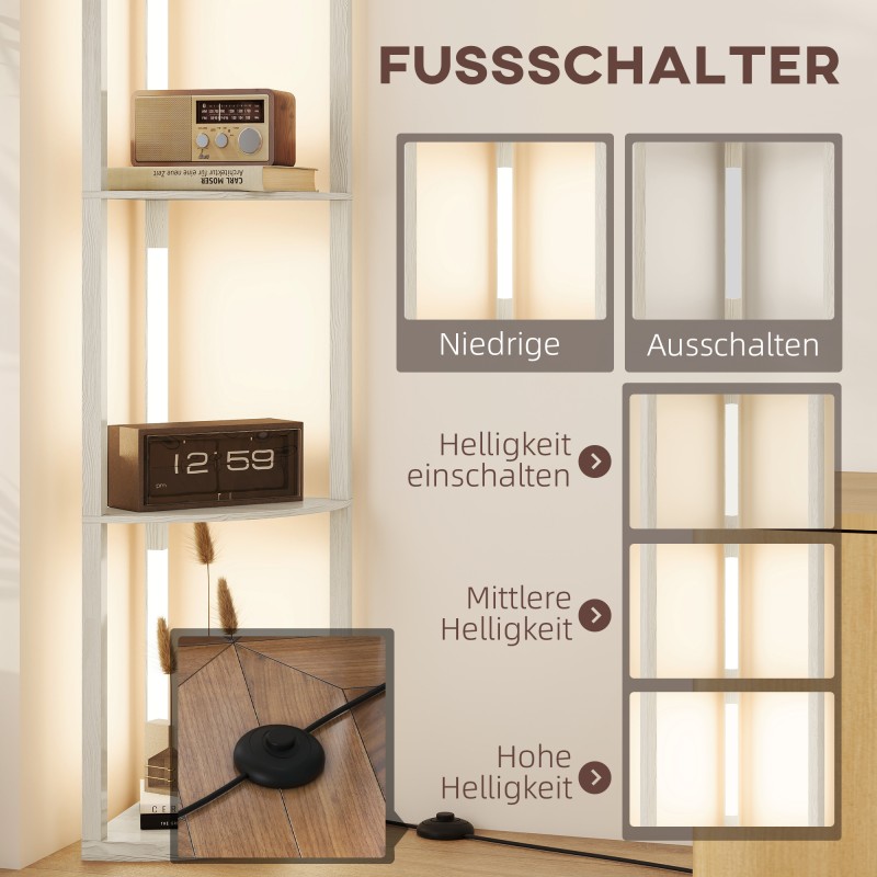 LED-lattiavalaisin kulmahyllyllä, 4 hyllyä, himmennettävä, tammen sävy, 41 x 29,5 x 163,5 cm