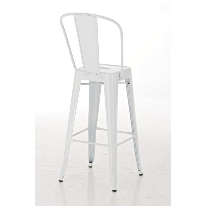 Klassinen metallinen baarijakkara korkealla selkänojalla ja jalkatuella