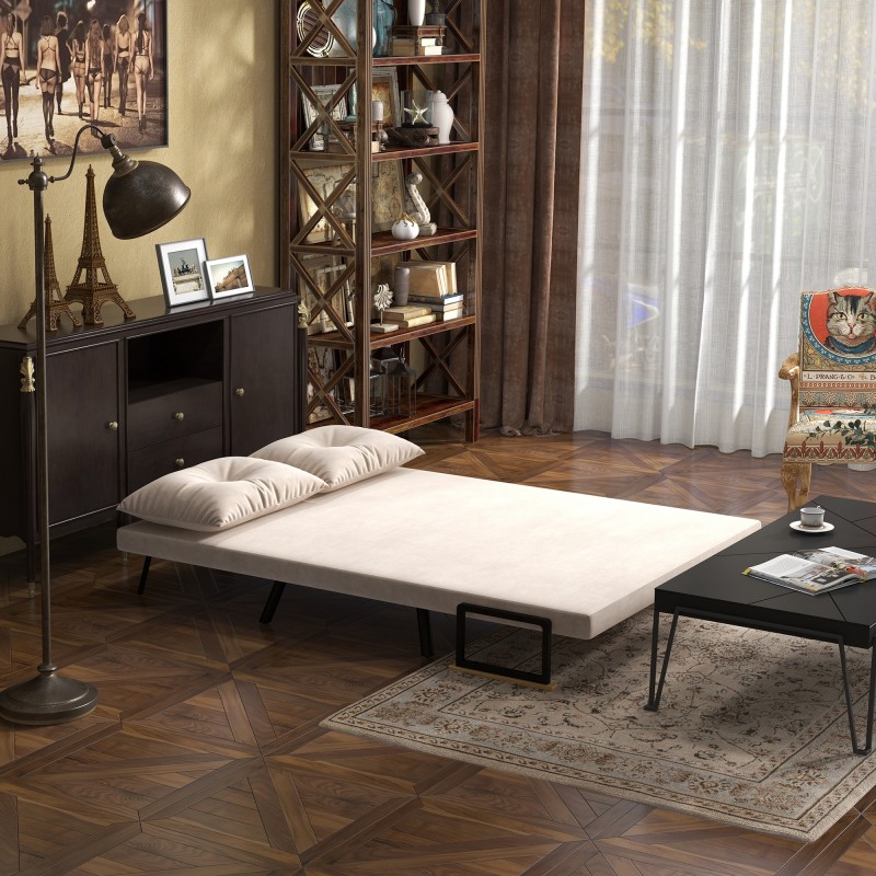 2 hengen samettinen vuodesohva, säädettävä selkänoja, teräsrunko, luonnon/ beige / musta