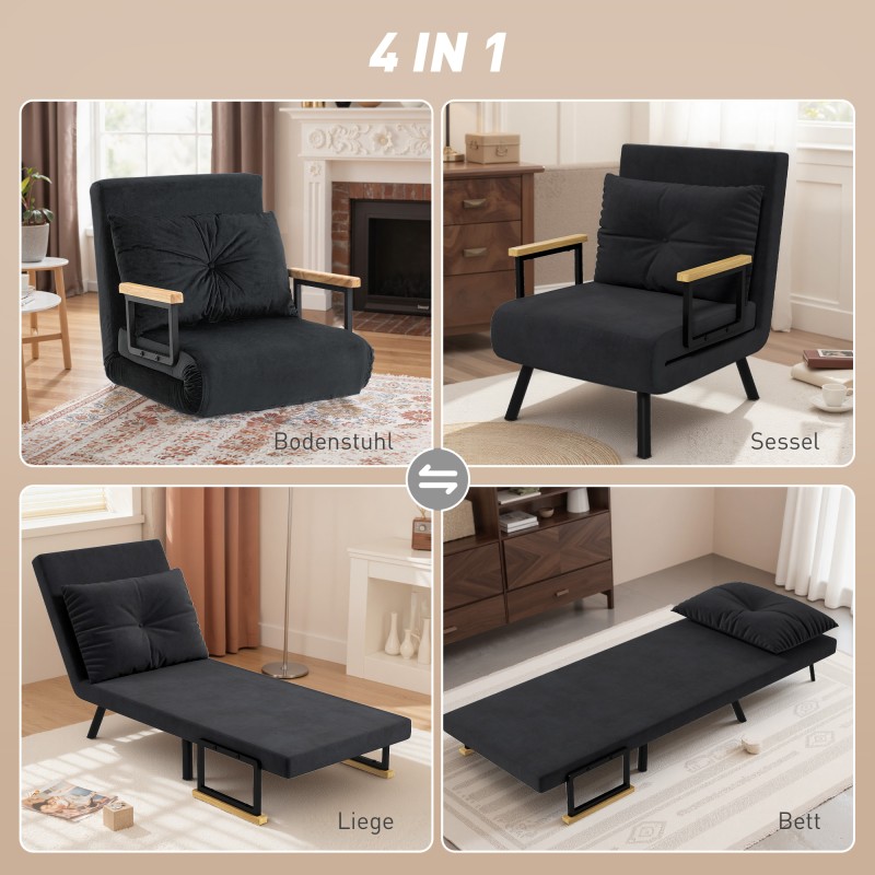 Lepotuolisänky skandinaavinen 4-in-1 nojatuoli teräsrunko samettimainen kangas musta