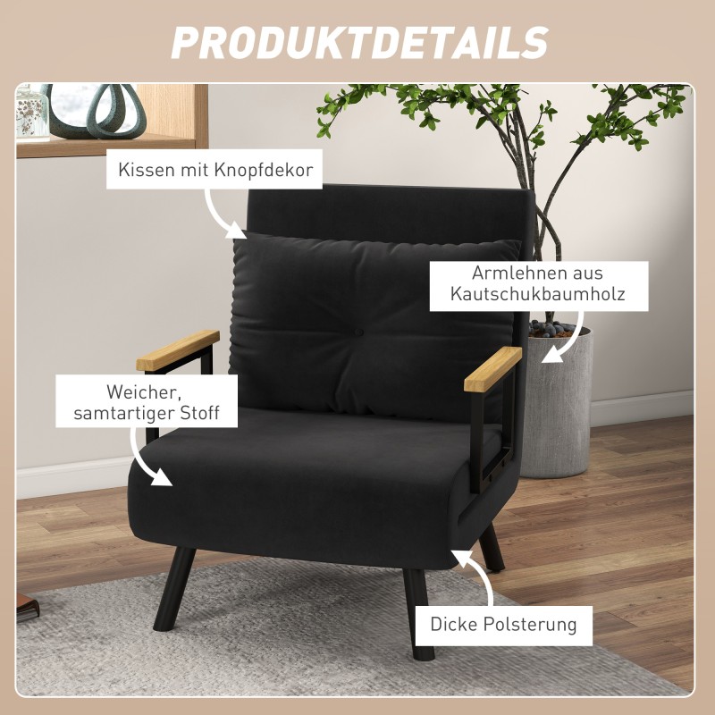 Lepotuolisänky skandinaavinen 4-in-1 nojatuoli teräsrunko samettimainen kangas musta