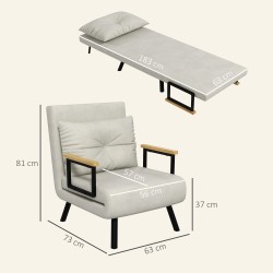 Skandinaavinen lepotuoli / nojatuoli 4-in-1, teräsrunko ja puukäsinojat, cremevalkoinen