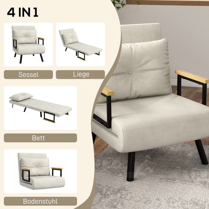 Skandinaavinen lepotuoli / nojatuoli 4-in-1, teräsrunko ja puukäsinojat, cremevalkoinen