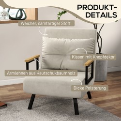 Skandinaavinen lepotuoli / nojatuoli 4-in-1, teräsrunko ja puukäsinojat, cremevalkoinen