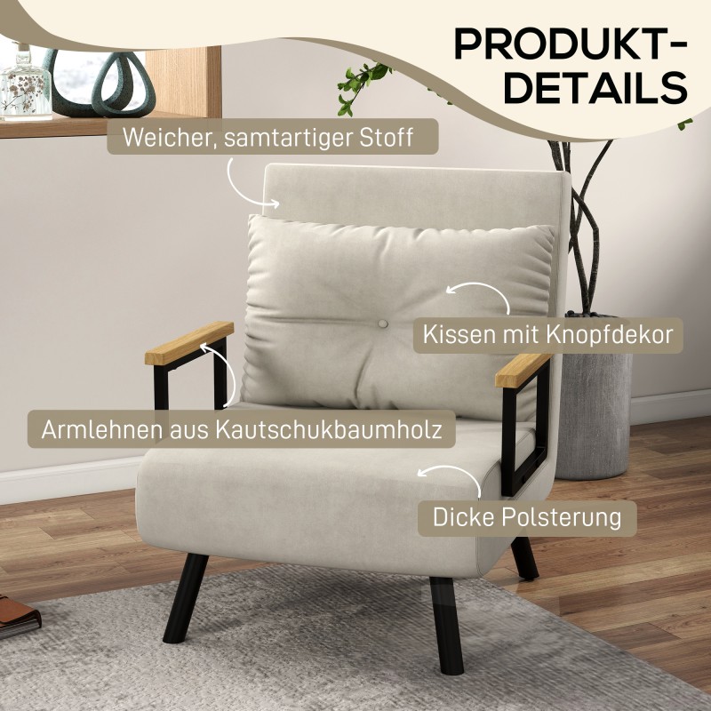 Skandinaavinen lepotuoli / nojatuoli 4-in-1, teräsrunko ja puukäsinojat, cremevalkoinen