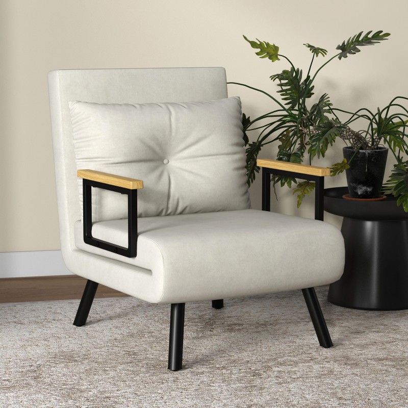 Skandinaavinen lepotuoli / nojatuoli 4-in-1, teräsrunko ja puukäsinojat, cremevalkoinen