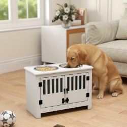 Korotettu ruokintateline suurille koirille, 2 teräskulhoa, säilytystila, 60 x 30 x 43 cm, valkoinen