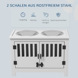 Korotettu ruokintateline suurille koirille, 2 teräskulhoa, säilytystila, 60 x 30 x 43 cm, valkoinen