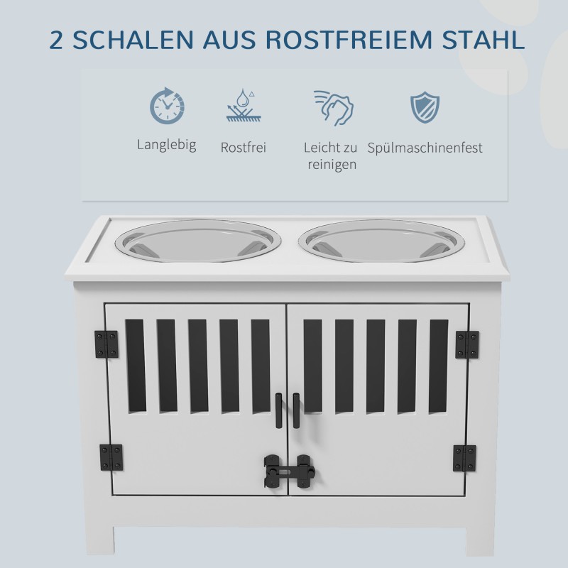 Korotettu ruokintateline suurille koirille, 2 teräskulhoa, säilytystila, 60 x 30 x 43 cm, valkoinen