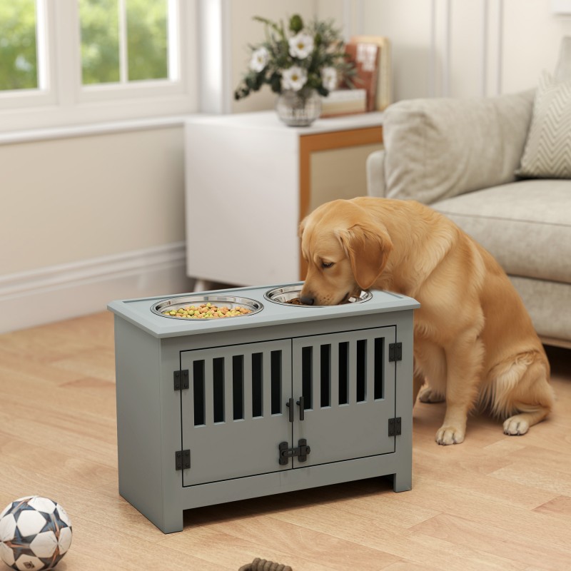 Korkea ruokintapiste isoille koirille, 2 ruostumattomasta teräksestä kulhoa, säilytystila, 60x30x43 cm, harmaa