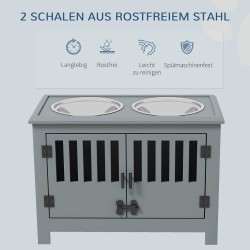 Korkea ruokintapiste isoille koirille, 2 ruostumattomasta teräksestä kulhoa, säilytystila, 60x30x43 cm, harmaa