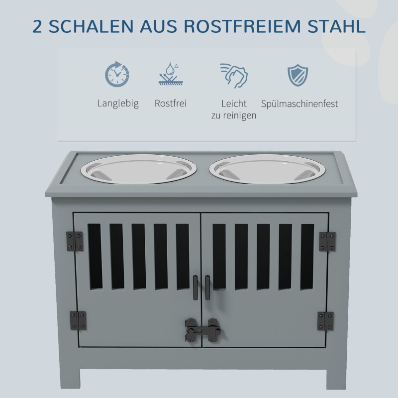 Korkea ruokintapiste isoille koirille, 2 ruostumattomasta teräksestä kulhoa, säilytystila, 60x30x43 cm, harmaa
