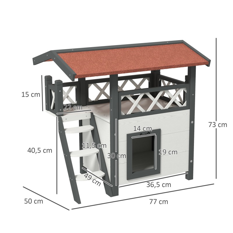 Kissantalon lemmikkitalo kahdella tasolla, kuusipuuta, asfalttikatto, 77x50x73 cm, valkoinen/punainen