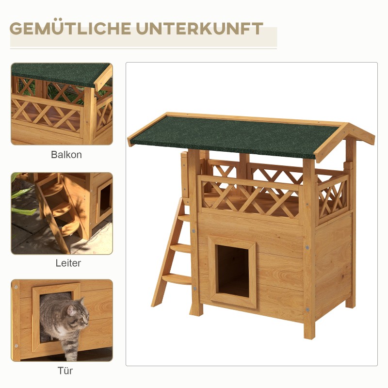 Kissatalo ja -mökki pienille lemmikeille, kuusi, 2 tasoa, asfalttikatto, 77 x 50 x 73 cm, luonnonpuu/vihreä