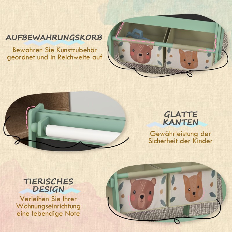 Lasten 3-in-1 maalausteline liitutaululla, valkotaululla ja paperirullalla, MDF/mänty, 54 x 46,5 x 93 cm, vihreä