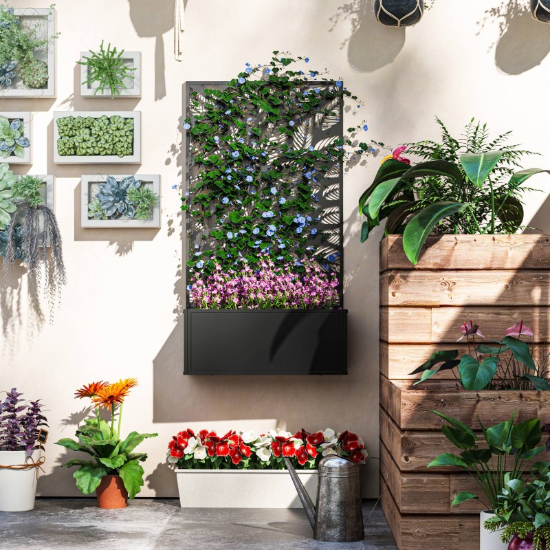 Korkealaatikko näkösuojapaneelilla ja köynnösritilällä, metalli, 61 x 23 x 113 cm, musta