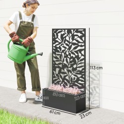 Viljelylaatikko näkösuojapaneelilla ja köynnöstuella, metalli, 61 x 23 x 113 cm, musta